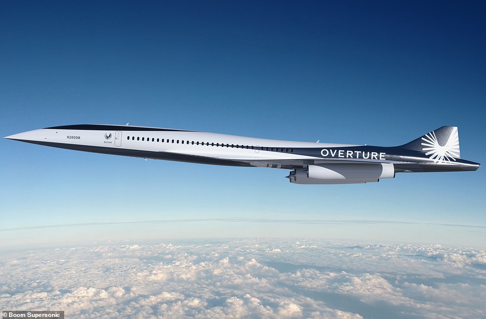 Boom Supersonic has unveiled a new design (above) for its 1,300mph airliner - 'Overture' - which when it launches in 2029, will carry passengers between London and New York in just three and a half hours