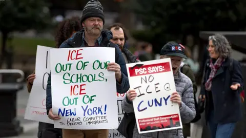 Getty Images A campus protest against the revocation of student visas and legal status at the City University of New York.