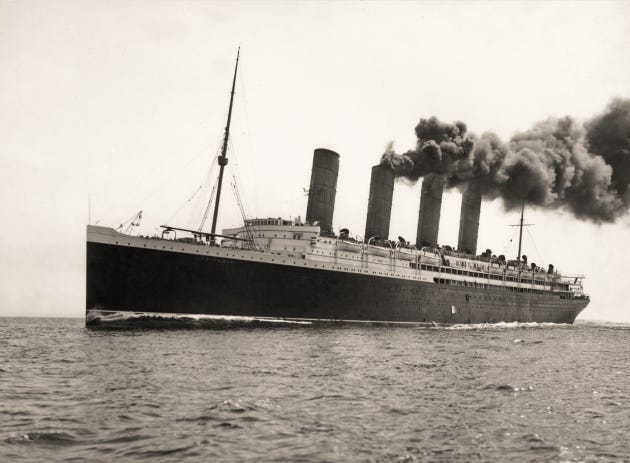A black and white photo of the HMS Lusitania