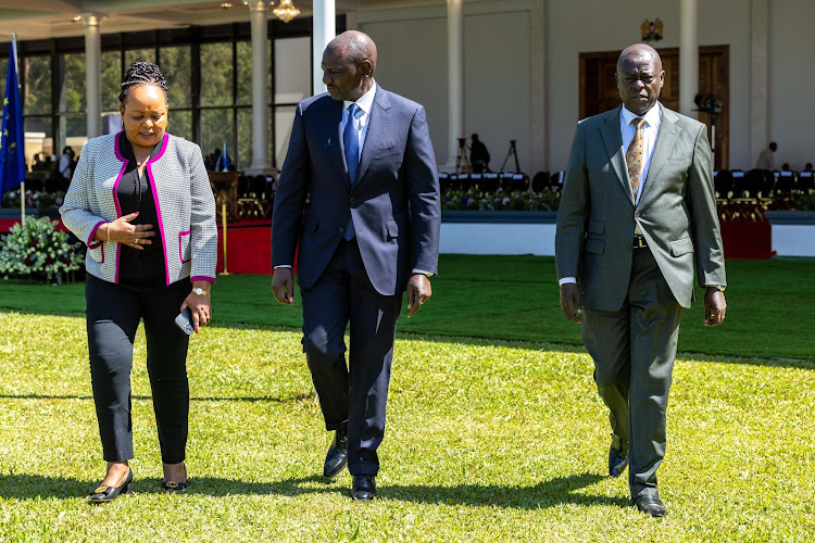 Kirinyaga Governor Anne Waiguru, President William Ruto and Deputy President Rigathi Gachagua during the National and County Governments Summit at State House in Nairobi on December 18, 2023.