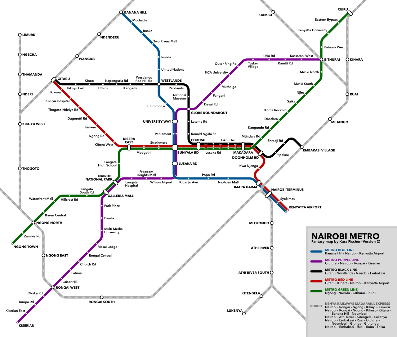 Nairobi Metro Fantasy Map, Version 2I definitely didn’t expect to have one of my maps go viral in Nairobi, but I’m very much grateful for Mbithi Masya’s showcase of my map! I’ve gotten a lot of feedback from Nairobians, and I’ve updated the map to...