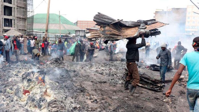 Fire burns property at Gikomba Market Market in Nairobi on Thursday, June 25, 2020. The cause of the inferno could not be immediately established. [PHOTO/ DENNIS ONSONGO]