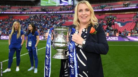 Emma Hayes with the FA Cup trophy in 2018 at Wembley