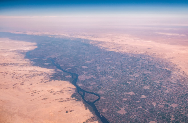 Aerial view of Nile River and Sahara - shutterstock 1413695189