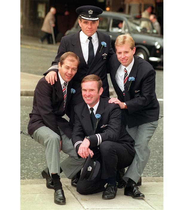 Four members of the crew of BA5390. Clockwise from top, Captain Tim Lancaster, flight attendant Simon Rogers, co-pilot Alistair Atchison and chief steward John Heward.