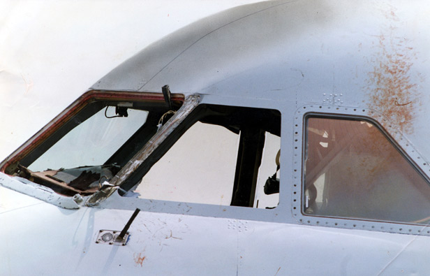 The cockpit of BA5390 in the aftermath of the incident, showing the blown-out window and Captain Lancaster's blood.