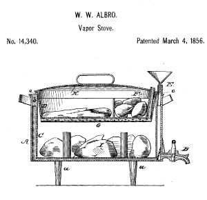 Drawing of stove with compartments for cooking a meal