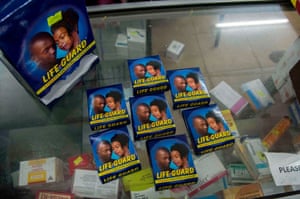 Life Guard condoms are displayed at a pharmacy in Kampala