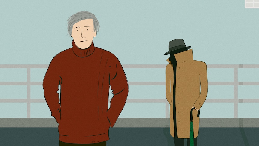 An illustration of a man in a maroon sweater being watched by a stranger wearing a long coat on a bridge