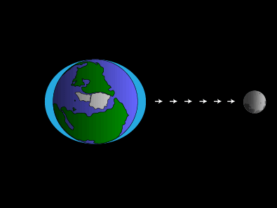 An illustration of the tidal force causing water to bulge toward the Moon and on the side opposite the Moon. These bulges represent high tides.