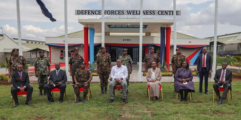 President Uhuru Kenyatta, Defence CS Monica Juma and military generals at the KDF Wellness Centre